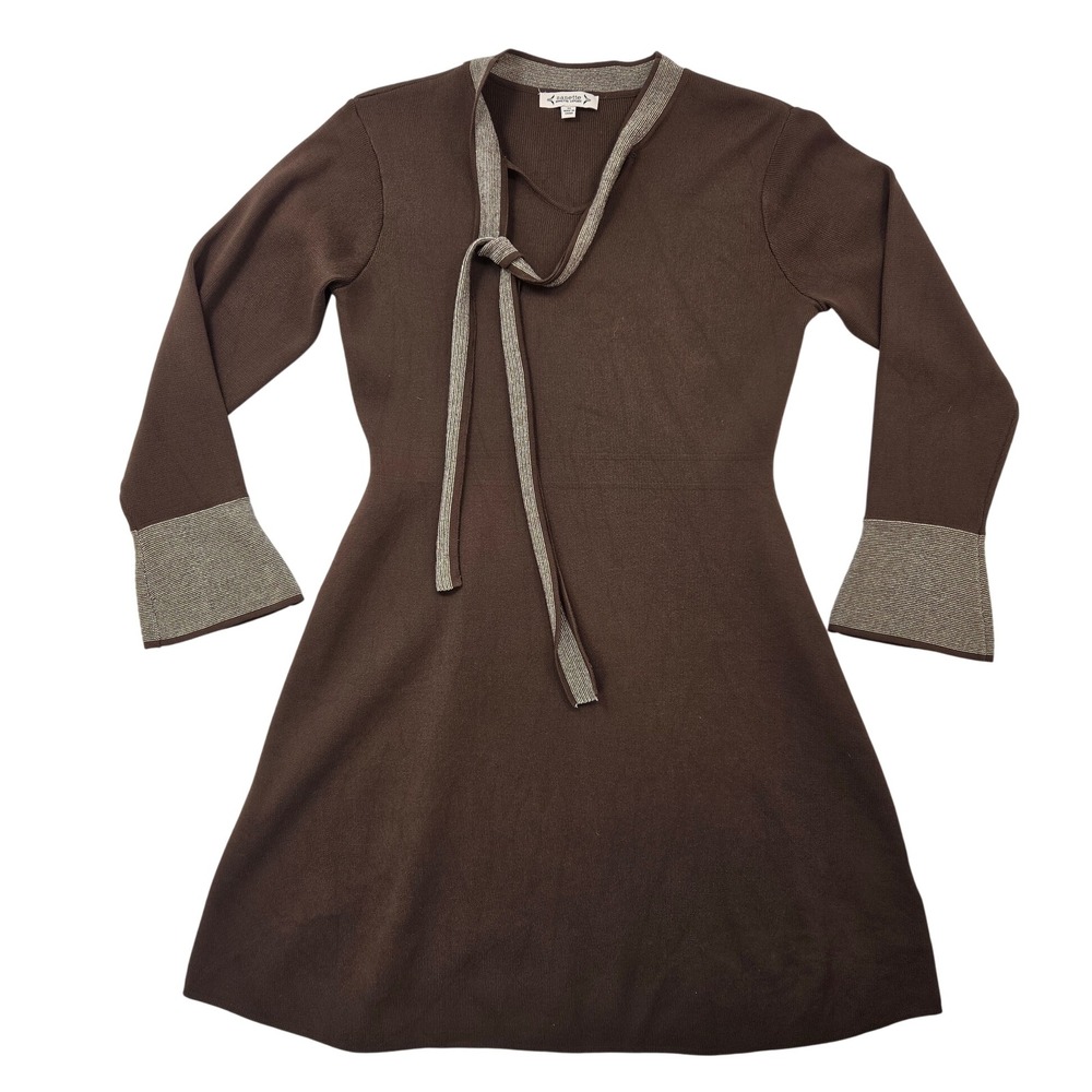 Nanette Lepore Women Brown Knit Long Sleeve Fit Flare Mini Dress Gold Trim Sz M